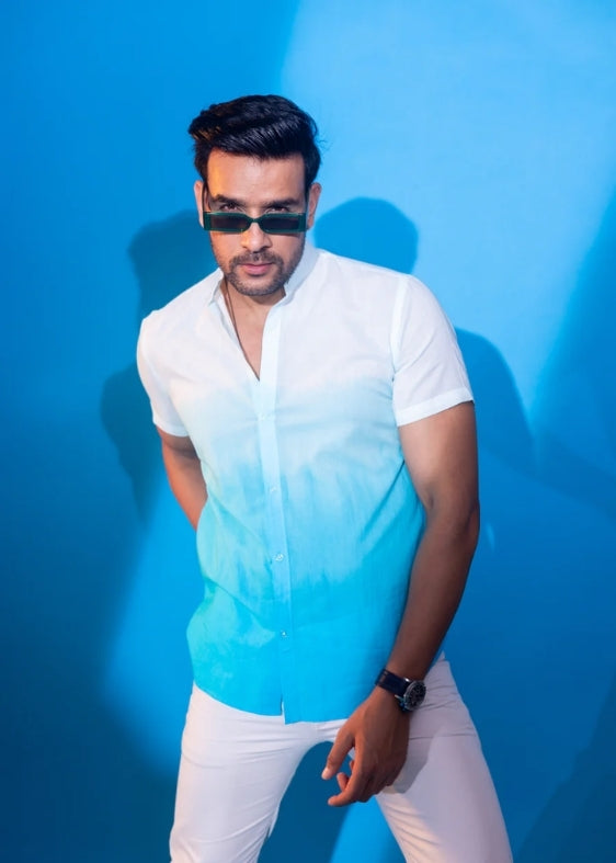 Nehru Collar Ombre Half Sleeve Cotton Shirt- Tourquoise