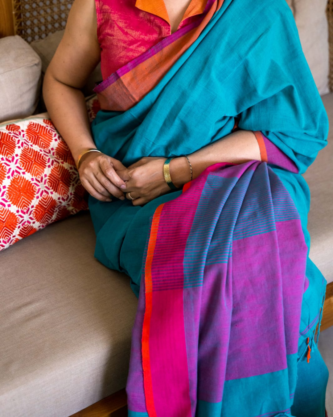 Teal Green Colour Block Fulia Cotton Saree