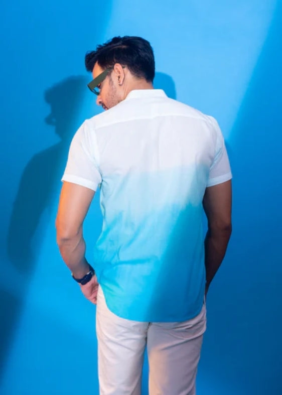 Nehru Collar Ombre Half Sleeve Cotton Shirt- Tourquoise