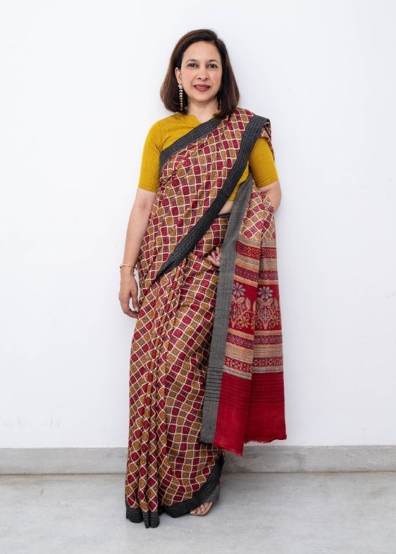 Geometric Red and Beige Printed Silkcotton Saree