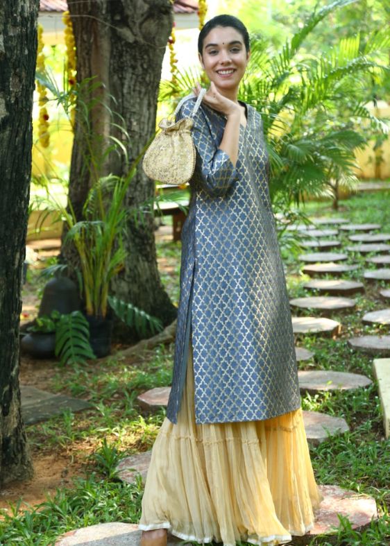 Grey and Gold Banarasi Long Kurta