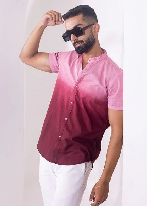 Nehru Collar Ombre Half Sleeve Cotton Shirt- Wine