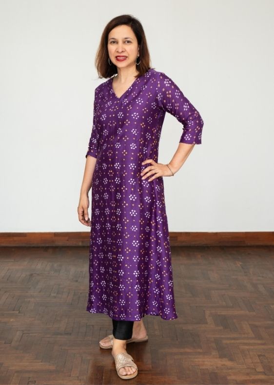 Purple Bandhini V Neck Silk Dress