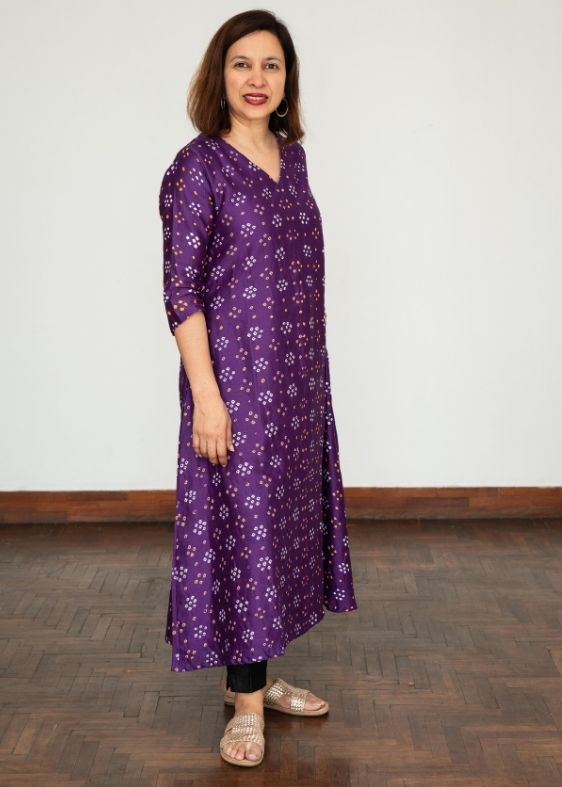 Purple Bandhini V Neck Silk Dress