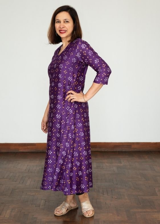 Purple Bandhini V Neck Silk Dress