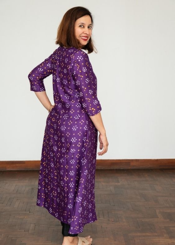 Purple Bandhini V Neck Silk Dress