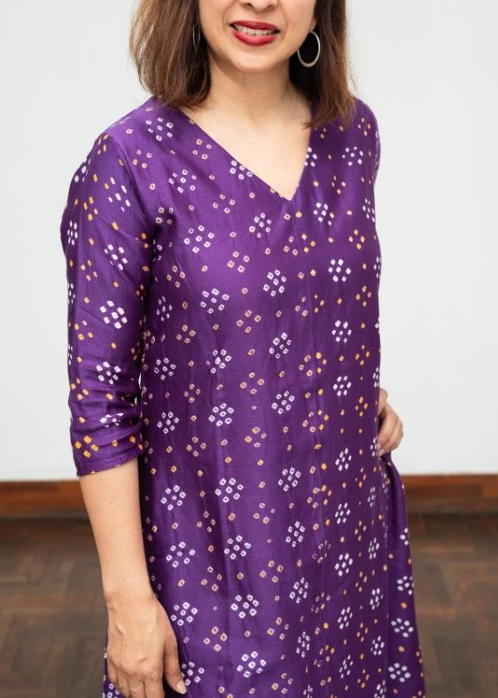 Purple Bandhini V Neck Silk Dress