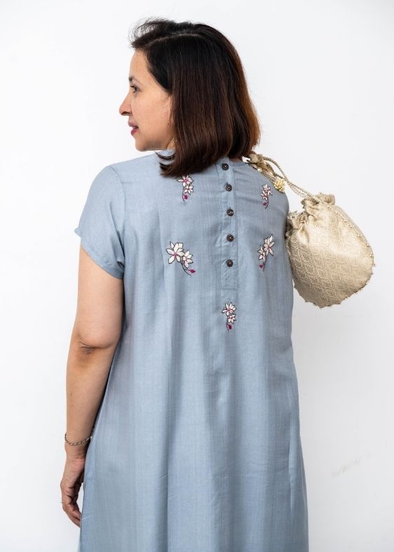 Blue cherry blossom Tussar Cotton Dress