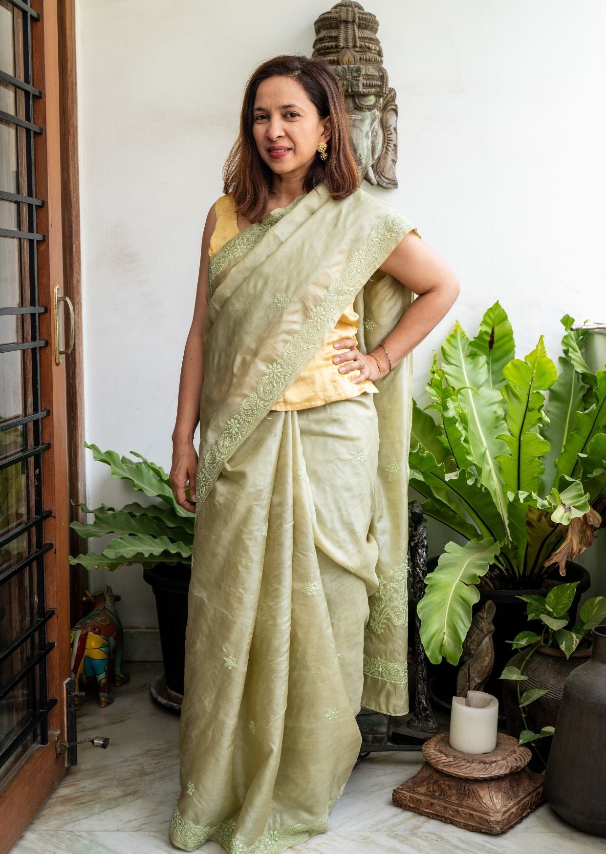 Green Hand Embroidery Chikankari Tussar Silk Saree