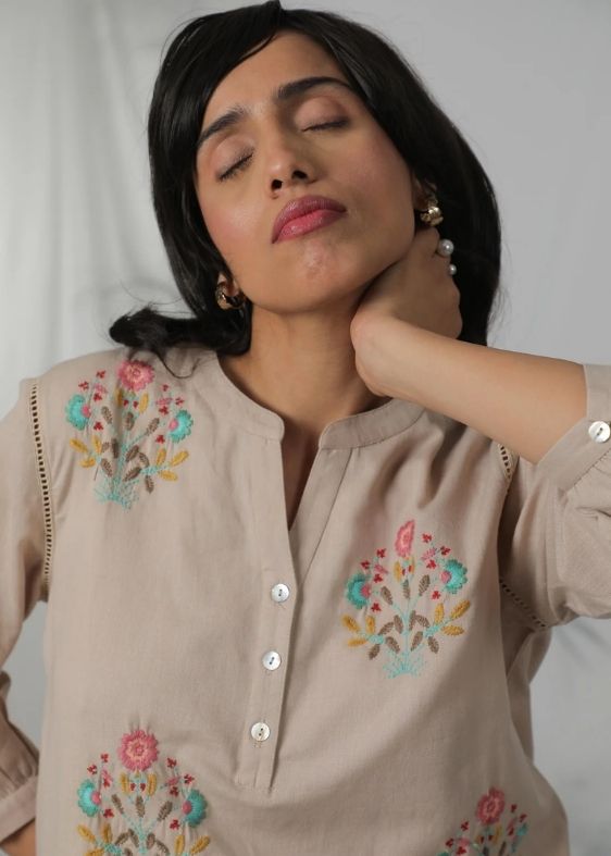 SS 2446 Beige Stripes Cotton Embroidered Blouse