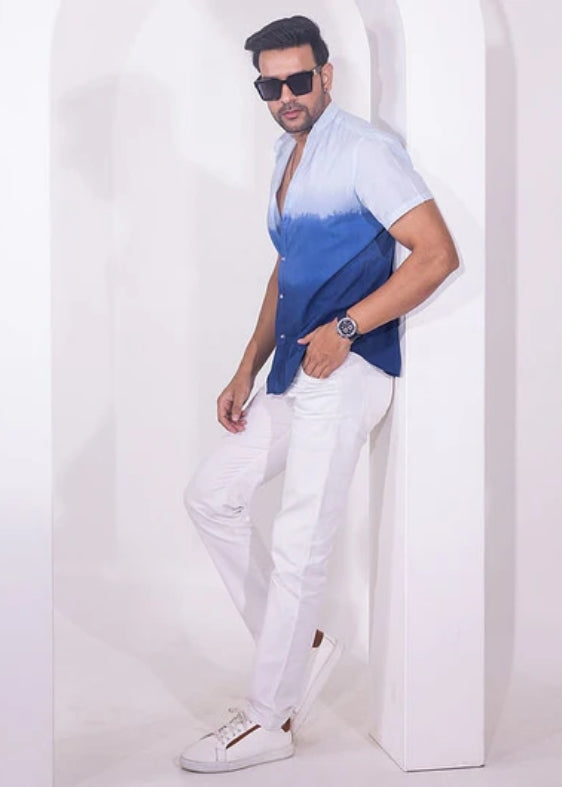 Nehru Collar Ombre Half Sleeve Cotton Shirt- Navy