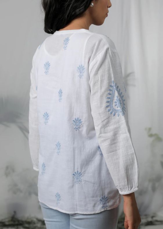 White Blue Embroidery Top- SS 2516