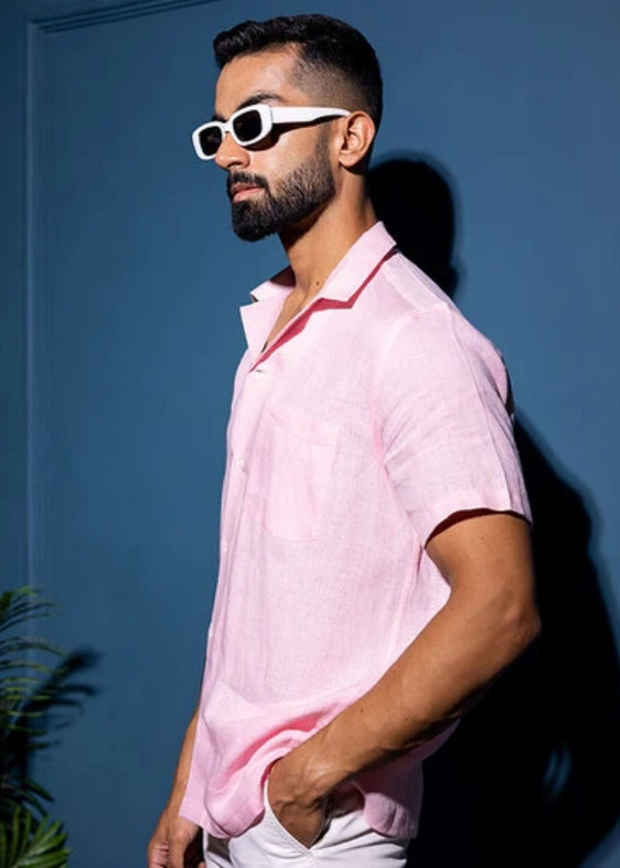 Pure Linen Half Sleeve Shirt-Pink