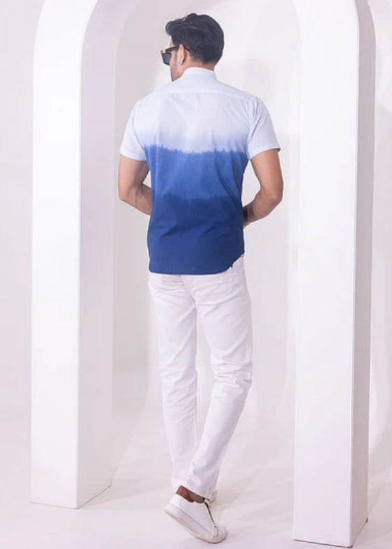 Nehru Collar Ombre Half Sleeve Cotton Shirt- Navy
