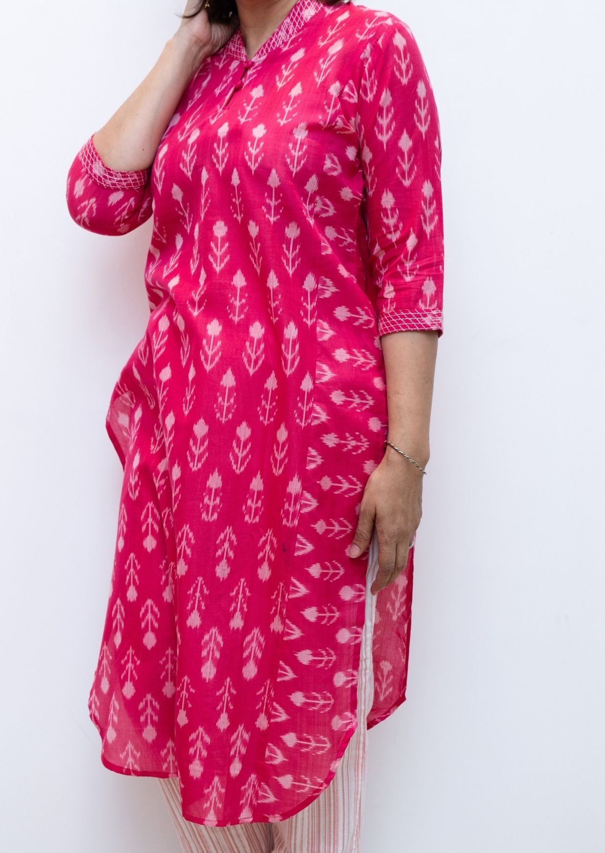 Pink Leah Superfine Silk Cotton Ikkat Kurta