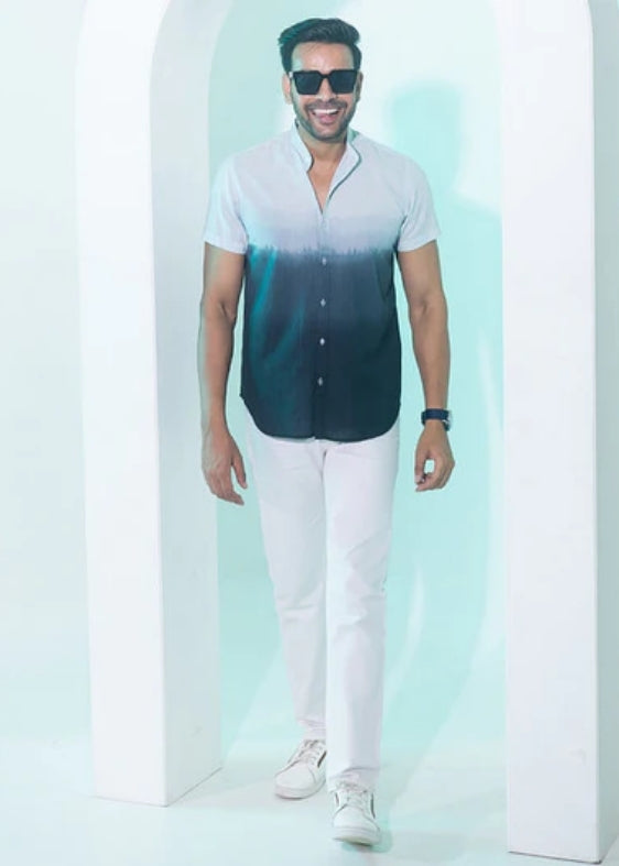 Nehru Collar Ombre Half Sleeve Cotton Shirt- Black