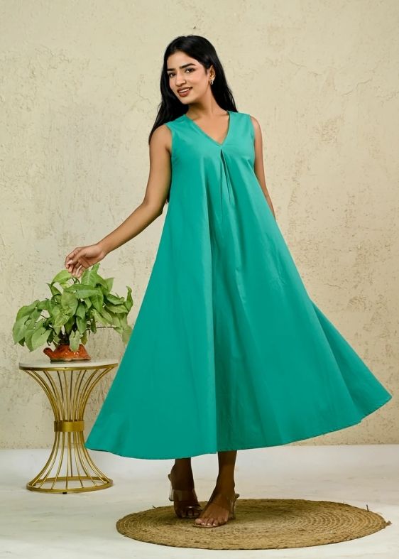 Green Cotton Poplin Box Pleat Long Dress