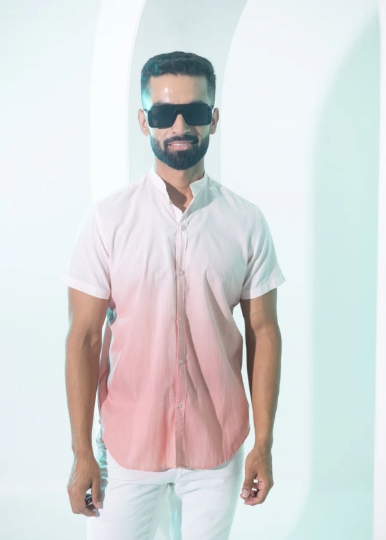 Nehru Collar Ombre Half Sleeve Cotton Shirt- Peach