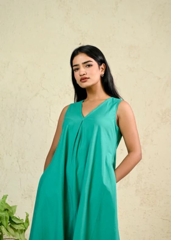 Green Cotton Poplin Box Pleat Long Dress