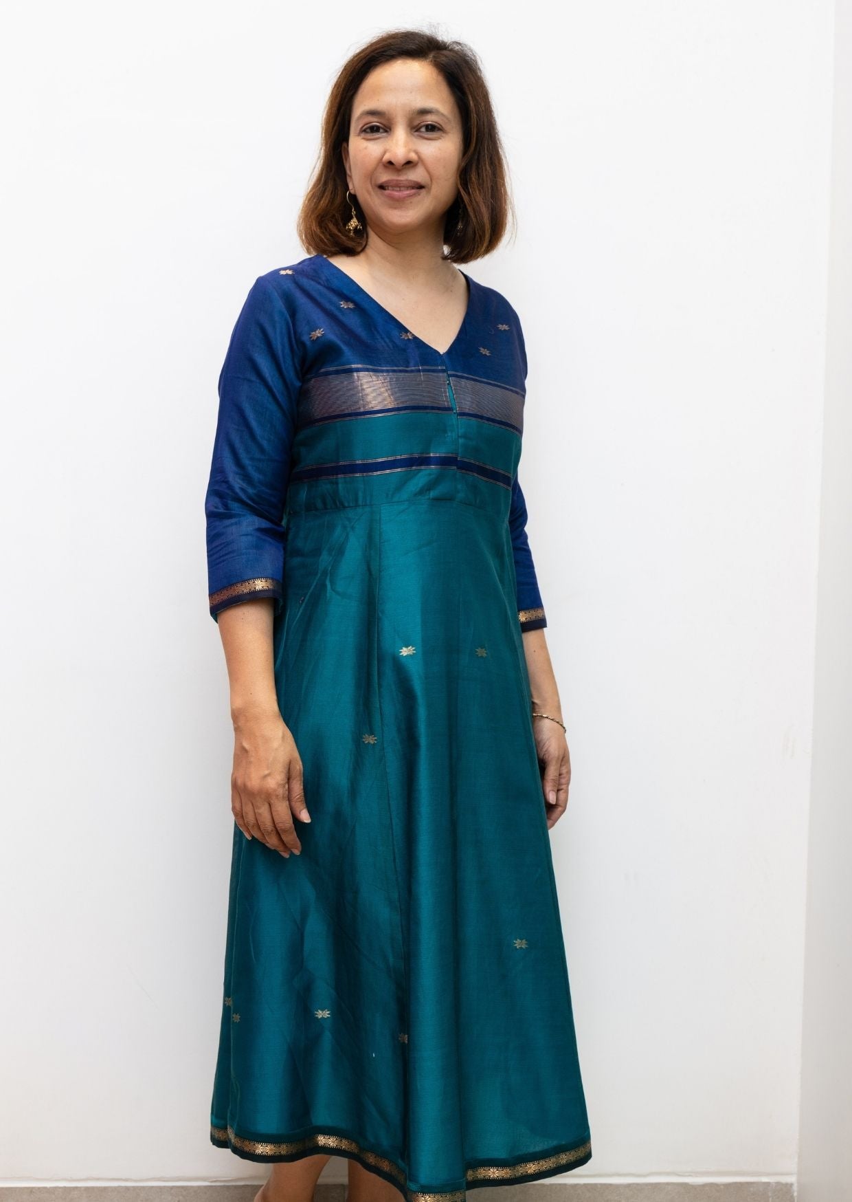 Green Blue Maiteri Maheswari Silk Cotton Dress