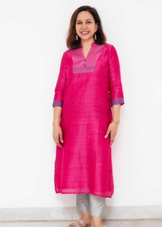 Pink Tussar Silk V Neck Yoke Long Kurta