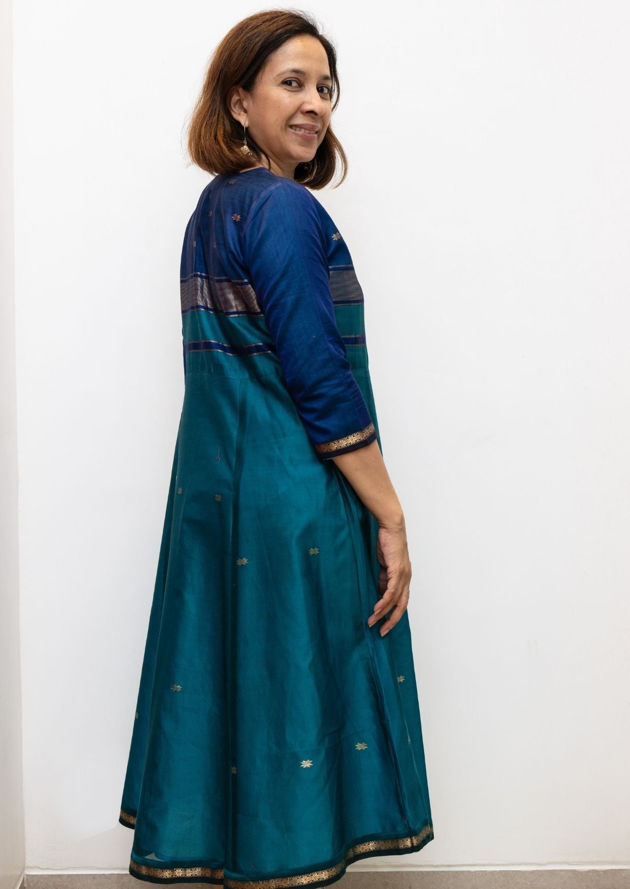 Green Blue Maiteri Maheswari Silk Cotton Dress