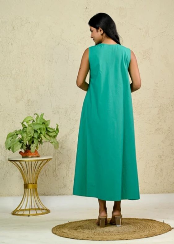 Green Cotton Poplin Box Pleat Long Dress