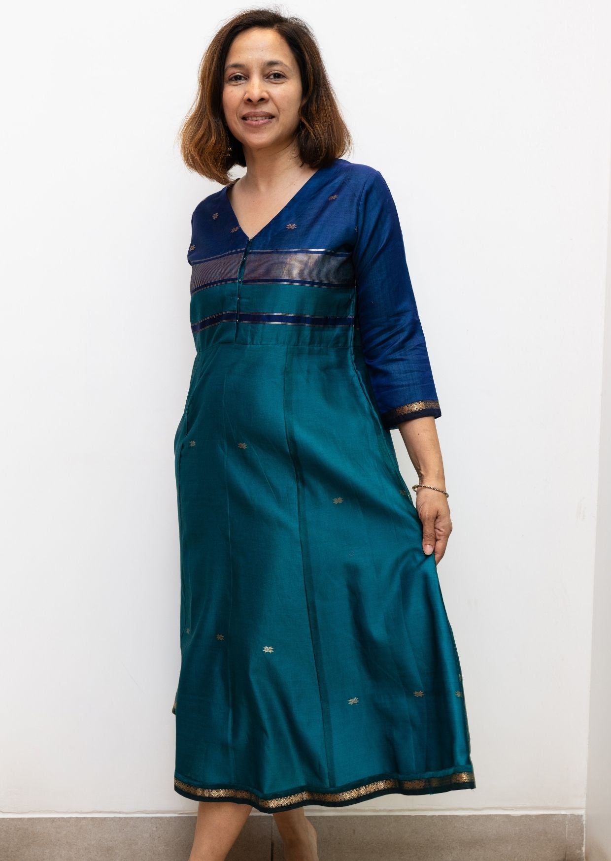 Green Blue Maiteri Maheswari Silk Cotton Dress