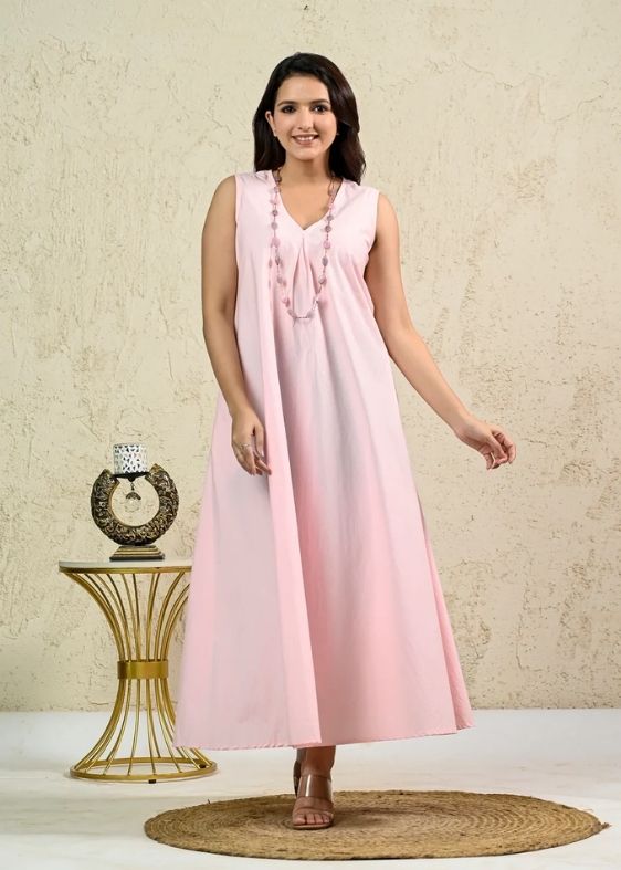 Pink Cotton Poplin Box Pleat Long Dress