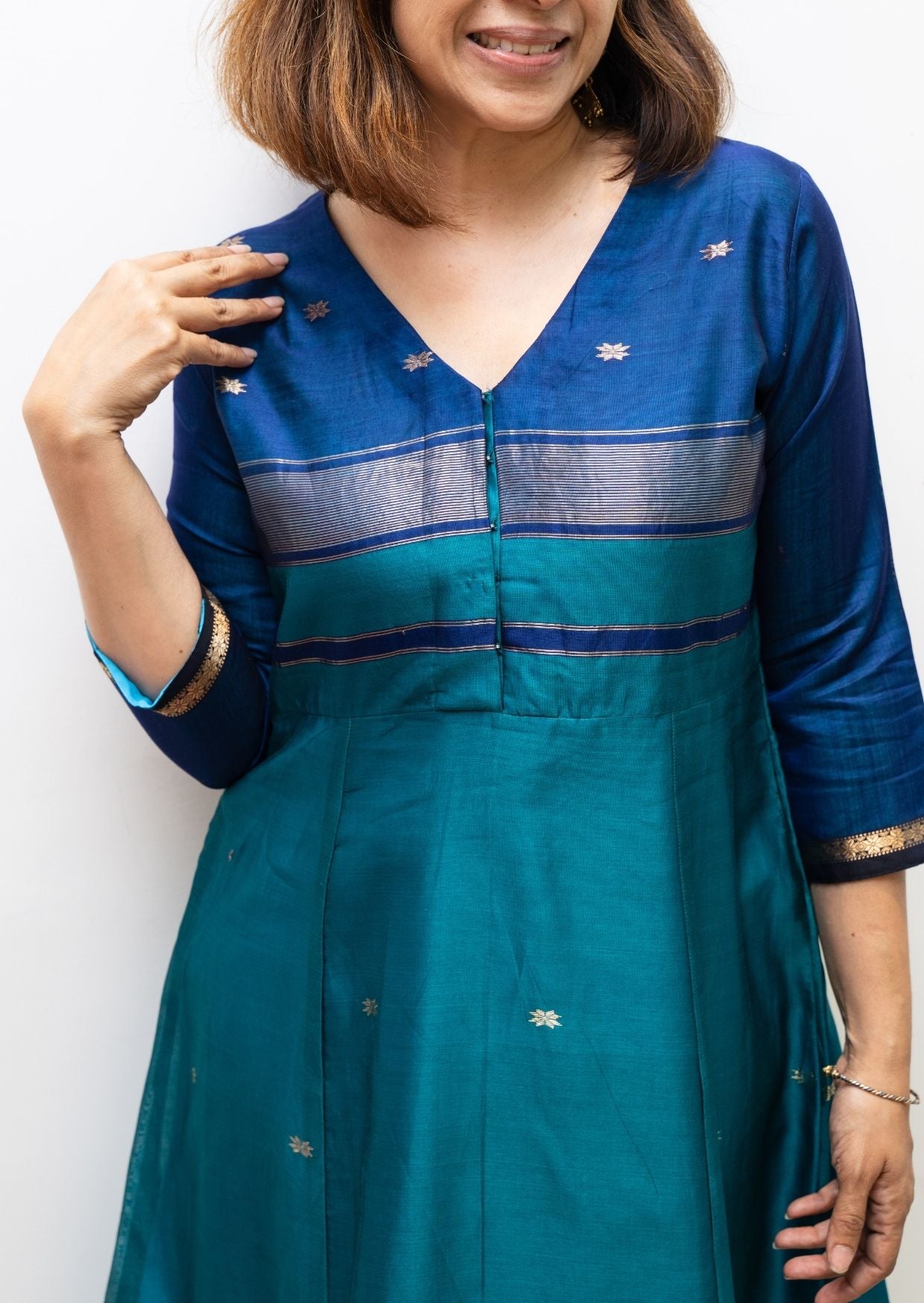 Green Blue Maiteri Maheswari Silk Cotton Dress