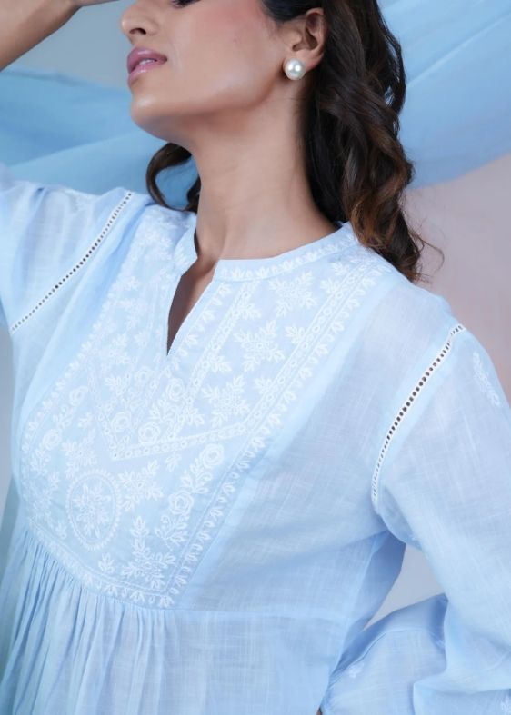 SS 2401 Blue Stripe Embroidered Cotton Top