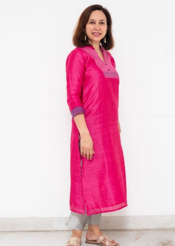 Pink Tussar Silk V Neck Yoke Long Kurta