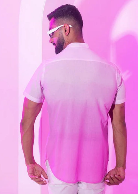 Nehru Collar Ombre Half Sleeve Cotton Shirt- Pink