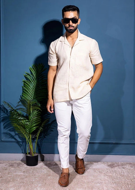 Pure Linen Half Sleeve Shirt-Beige