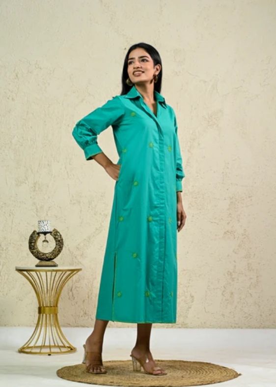 Green Long Embroidery shirt dress