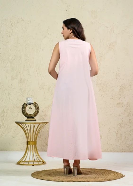 Pink Cotton Poplin Box Pleat Long Dress