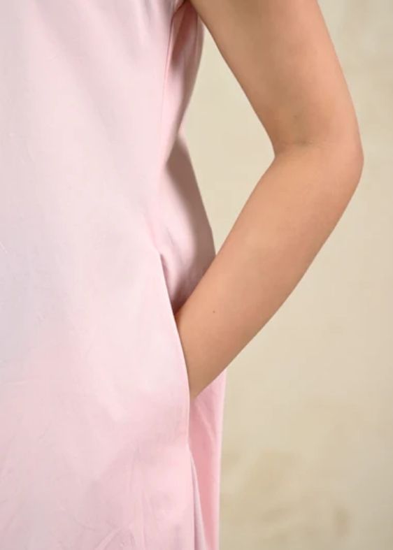 Pink Cotton Poplin Box Pleat Long Dress
