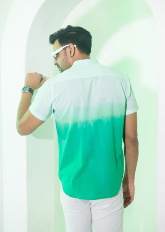 Nehru Collar Ombre Half Sleeve Cotton Shirt- Sea Green