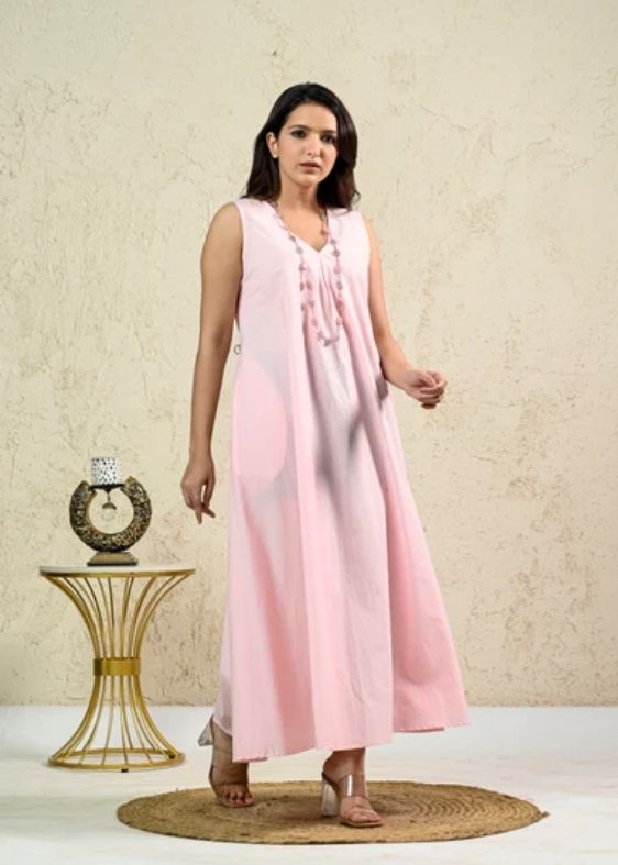 Pink Cotton Poplin Box Pleat Long Dress