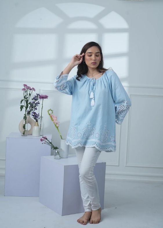 SS 2459 Blue Stripe Embroidered Cotton Top