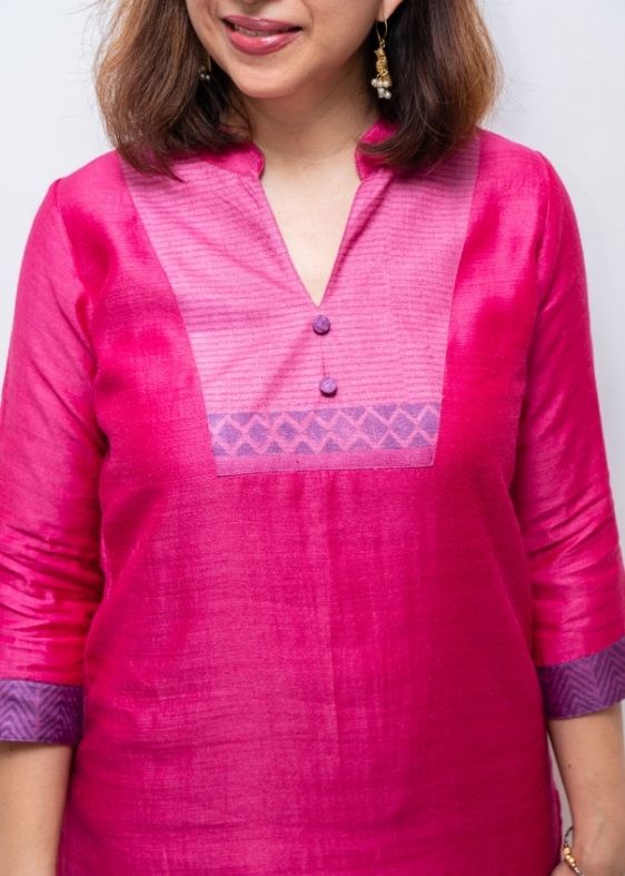 Pink Tussar Silk V Neck Yoke Long Kurta