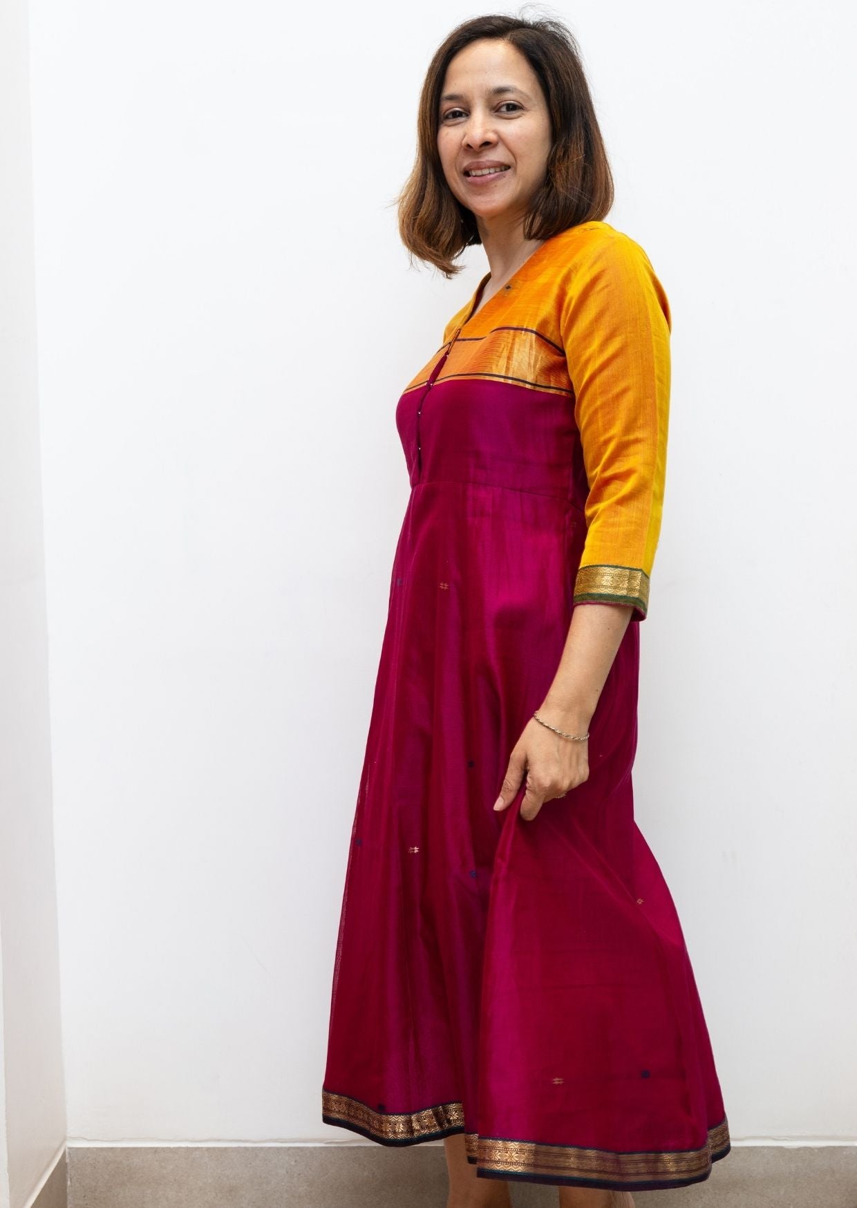 Purple Mustard Maiteri Maheswari Silk Cotton Dress