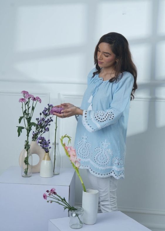 SS 2459 Blue Stripe Embroidered Cotton Top