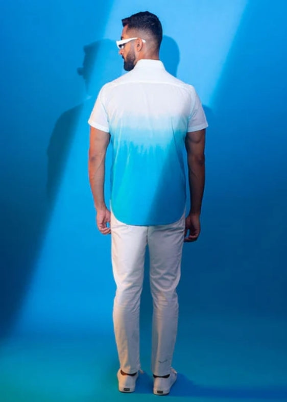 Ombre Half Sleeve Regular Cotton Shirt-Tourquoise