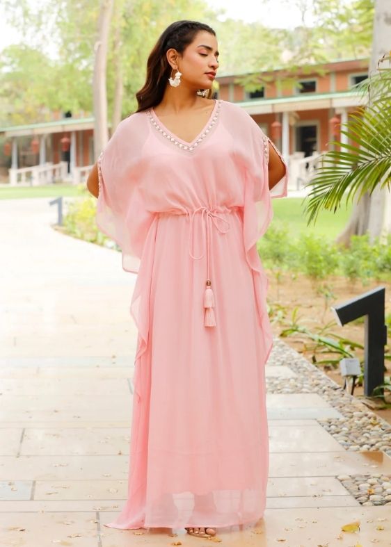 Light Pink Long Geogrette Hand Embroidered Kaftan