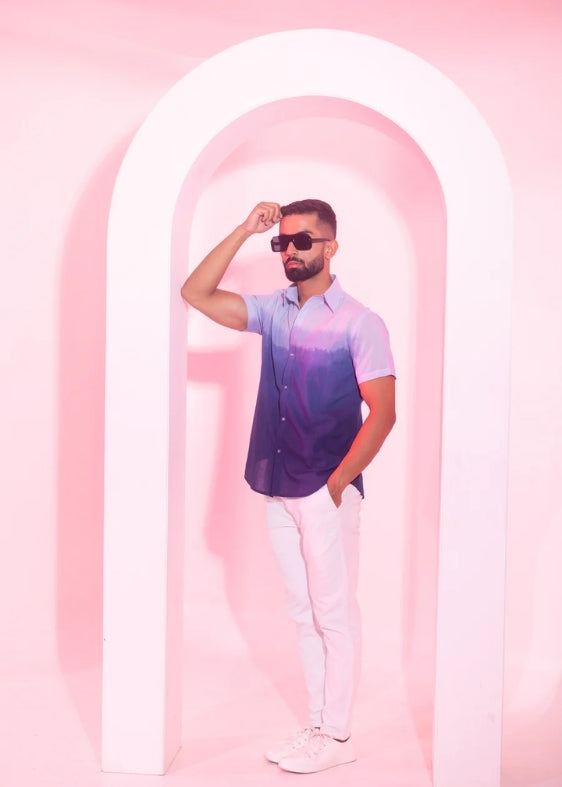 Ombre Half Sleeve Regular Cotton Shirt-Navy