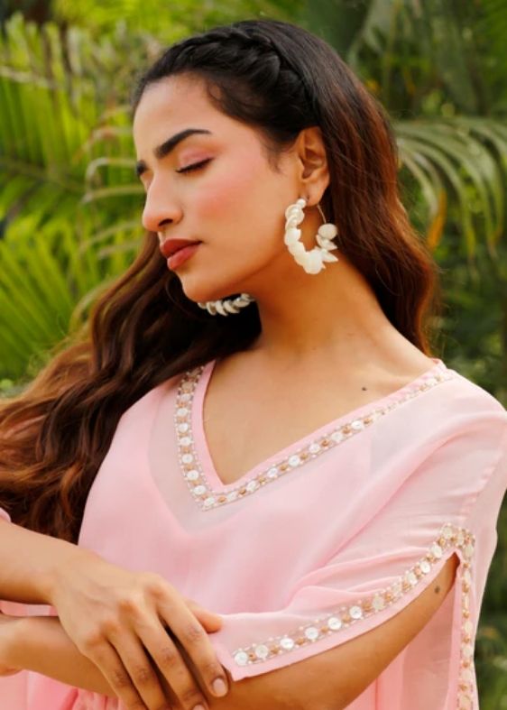 Light Pink Long Geogrette Hand Embroidered Kaftan
