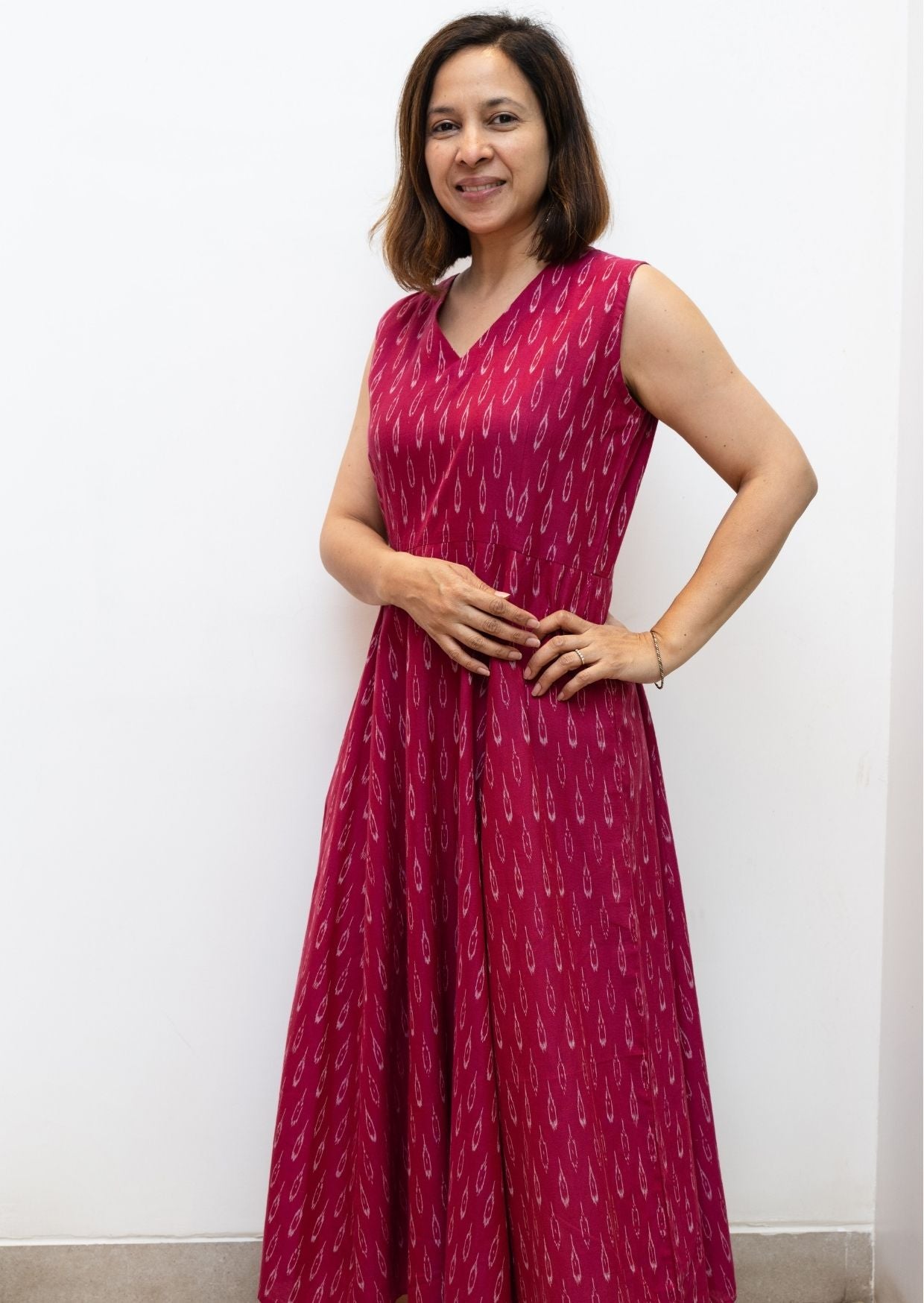Pink Prints Fit Flair Sleeveless Cotton Dress