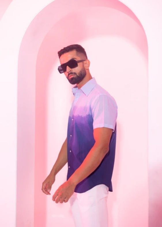 Ombre Half Sleeve Regular Cotton Shirt-Navy