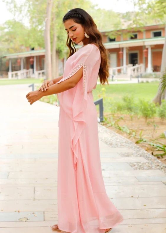 Light Pink Long Geogrette Hand Embroidered Kaftan